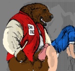 anal big_dom_small_sub bodily_fluids bottomless clothed clothing cum dominant duo genital_fluids hot_dogging jacket letterman_jacket male male/male overweight sex size_difference topwear dakota-bear bear human mammal