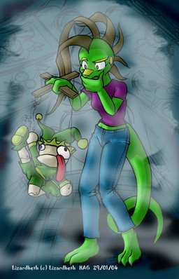 3_toes anthro bottomwear clothed clothing denim denim_bottomwear denim_clothing feet female green_body humor jeans marionette pants puppet shirt solo tail toes topwear lizardbeth lizard reptile scalie 2004