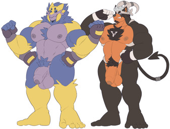 anthro big_muscles biped black_body black_fur blue_body blue_fur blue_hair duo foreskin fur genitals hair half-erect humanoid_genitalia humanoid_penis male muscular muscular_anthro muscular_male penis purple_body purple_fur red_body red_fur standing vein veiny_penis yellow_body yellow_fur castrodour nintendo pokemon pokemon_(species) 2025 absurd_res hi_res