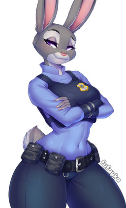 5_fingers anthro belt big_breasts big_butt breasts bulletproof_vest butt clothed clothed_anthro clothed_female clothing eyebrows fangs feet female fingers front_view fur gloves grey_body grey_fur handwear long_ears looking_at_viewer markings multicolored_body multicolored_fur nails navel officer pink_nose police police_badge police_uniform pose purple_eyes short_tail simple_background smile solo tail teeth thick_thighs two_tone_body two_tone_fur uniform white_background wide_hips conditional_dnp fufayka disney zootopia judy judy_hopps lagomorph leporid mammal rabbit absurd_res colored digital_media_(artwork) hi_res pinup shaded