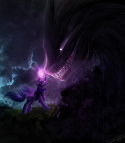 cliff cloud cutie_mark dark detailed_background duo evil_grin eye_contact feathered_wings feathers female fighting_pose frown hair horn larger_male looking_at_another magic male multicolored_hair nightmare_fuel open_mouth open_smile outside pose purple_eyes size_difference sky smaller_female smile teeth threatening white_eyes wings elec-trixxx friendship_is_magic hasbro my_little_pony mythology pony_of_shadows_(mlp) twilight_sparkle_(mlp) equid equine mammal monster mythological_creature mythological_equine shadow_creature winged_unicorn 2018 absurd_res hi_res