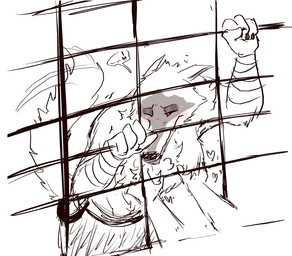 ambiguous_gender anthro blush cage duo facial_markings fluffy head_markings heart_symbol male markings mask_(marking) pec_grab pecs petting pointy_ears prick_ears red_eyes solo tail tail_motion tailwag ultimatellurker dreamworks puss_in_boots_(franchise) anon death_(puss_in_boots) canid canine canis human mammal wolf hi_res