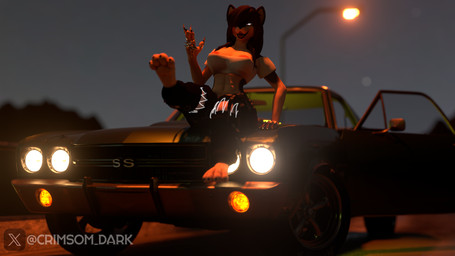 anthro big_breasts black_bottomwear black_clothing black_pants bottomwear breasts car clothing evening female pants road smile solo vehicle crimsomdark alberarts_(modeler) chevelle aurora_(crimsomdark) canid canine hyenid_(species) mammal 16:9 3d_(artwork) digital_media_(artwork) hi_res widescreen