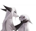 5_fingers amber_eyes anthro black_nose duo female fingers hair pale_eyes simple_background white_background white_hair taykoe canid canine mammal 2018 digital_drawing_(artwork) digital_media_(artwork)