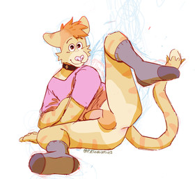 5_fingers anthro anus bottomless butt clothed clothing collar fingers flaccid footwear fur genitals humanoid_genitalia humanoid_penis looking_at_viewer lying male mohawk on_side pantsless penis pink_nose presenting presenting_anus presenting_hindquarters raised_leg shirt simple_background smile socks solo striped_body striped_fur stripes tail tan_body tan_fur topwear whisker_spots white_background white_body white_fur p_rindustries chuck_(p_rindustries) domestic_cat felid feline felis mammal signature