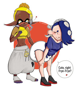 bent_over big_diaper clothing diaper duo female footwear hands_on_knees hands_on_legs heart_symbol huge_diaper nickname oversized_clothing pointy_ears pseudo_hair red_eyes smug_grin speech_bubble sucker_(anatomy) tentacle_hair tentacles text toeless_footwear translucent translucent_clothing yellow_eyes smutmoresmut nintendo splatoon frye_(splatoon) shiver_(splatoon) aquatic cephalopod humanoid inkling mollusk octarian octoling absurd_res hi_res