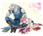 accessory anthro belt blue_eyes blush book boots bottomwear bow_(feature) bow_accessory bow_ribbon chin_rest claws clothing duo eyes_closed female footwear hair hair_accessory hair_bow hair_ribbon heart_symbol long_hair lying male on_side pants pigtails pink_hair ribbons school_uniform shoes short_hair sitting sleeping tail uniform white_hair canal001 mythology pretty_cure smile_pretty_cure hoshizora_miyuki wolfrun canid canine canis mammal mythological_canine mythological_creature werecanid werecanine werecreature werewolf wolf