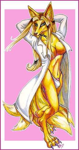 anthro breasts clothed clothing coat genitals gynomorph intersex lab_coat multi_tail penis science side_boob solo tail thong topwear underwear lupie-stardust canid canine fox mammal