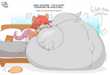 anthro bed belly big_belly big_breasts big_butt breasts butt dialogue eyes_closed female fluffy fluffy_nipples fur furniture hair huge_belly huge_breasts hyper hyper_belly hyper_breasts hyper_pregnancy linea_nigra lying lying_on_self mouse_ears mouse_tail navel on_front orange_body orange_fur orange_hair pillow plushie pregnant seam_(sewing) simple_background solo tail tail_motion text white_body white_fur guzzlord420 cali_(butthutt) mammal mouse murid murine rodent english_text hi_res