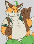 anthro belly bottomwear clothed clothing fupa fur green_eyes male navel open_clothing open_shirt open_topwear orange_body orange_fur overweight overweight_male shirt shorts solo suspenders topwear mousesix tamacolle iyo_(tamacolle) canid canine fox mammal