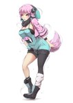 big_breasts breasts cleavage clothed clothing female footwear hair hoodie pink_hair shoes simple_background solo topwear white_background packge animal_humanoid humanoid hi_res