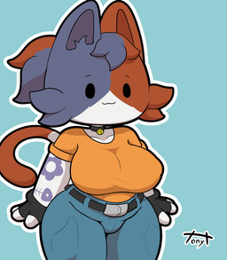 :3 anthro arm_tattoo bell bell_collar big_breasts blue_background blue_body blue_fur bottomwear breasts cheek_tuft clothing collar denim denim_bottomwear denim_clothing facial_tuft female fingerless_gloves front_view fur gloves handwear head_tuft jeans multicolored_body multicolored_fur orange_body orange_fur pants shirt simple_background solo standing t-shirt tail tattoo topwear tuft white_body white_fur tonytoran epic_games fortnite cate_meowdy calico_cat domestic_cat felid feline felis mammal hi_res portrait three-quarter_portrait
