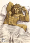 abs anthro bed biceps big_muscles biped black_nose claws convenient_censorship fur furniture hand_behind_head looking_at_viewer lying male mane muscular muscular_anthro muscular_male navel nipples nude on_back on_bed pecs pose pubes simple_background solo under_covers white_background yellow_body yellow_eyes yellow_fur bomb_(artist) felid lion mammal pantherine 2016 censored digital_media_(artwork)