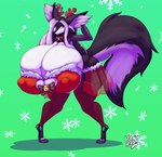 anthro bell big_breasts big_butt biped black_fishnet_legwear breasts butt christmas_clothing clothing fake_antlers fake_horns female fur green_background hair holidays holly_(plant) huge_breasts hyper hyper_breasts inner_ear_fluff jingle_bell knock-kneed nipple_outline plant pokemorph pose purple_eyes simple_background smile snowflake solo tuft white_inner_ear_fluff vant_talon christmas nintendo pokemon aurorette_(sniper91) delphox generation_6_pokemon pokemon_(species) 2021 absurd_res hi_res