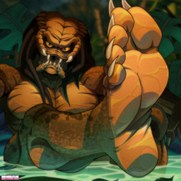 5_toes accessory black_hair claws countershade_feet countershading dreadlocks feet foot_fetish foot_focus hair hair_accessory humanoid_feet looking_at_viewer male markings nails plant plantigrade raised_foot sharp_nails sharp_toenails soles solo spots spotted_markings text toe_claws toenails toes water wet_feet yellow_sclera 3rdharleyjoe predator_(franchise) alien humanoid yautja 1:1 hi_res