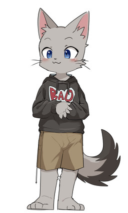 :3 ambiguous_gender anthro bald barefoot black_clothing black_hoodie black_topwear blue_eyes bottomwear clothing feet fluffy fluffy_tail fur grey_body grey_fur hoodie shorts solo tail tan_bottomwear tan_clothing tan_shorts topwear whiskers young young_anthro manmosu_marimo domestic_cat felid feline felis mammal absurd_res hi_res