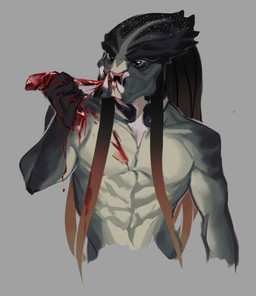 black_eyes blood blood_on_chest bodily_fluids eating food male male_humanoid mandibles meat not_furry nude nude_humanoid nude_male pseudo_hair sharp_teeth simple_background solo teeth tentacle_hair tentacles leafjuly predator_(franchise) alien alien_humanoid humanoid yautja absurd_res colored hi_res portrait three-quarter_portrait