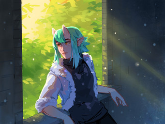 black_bottomwear black_clothing black_pants blue_hair bottomwear clothed clothing female grey_clothing grey_topwear hair horn humanoid_pointy_ears inside leaning leaning_backward light light_beam light_body light_skin looking_aside mouth_closed not_furry orange_eyes pants plant pointy_ears shrub solo standing sunbeam sunlight topwear unsigned window corzh77 elf humanoid 4:3 absurd_res half-length_portrait hi_res portrait