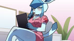 ambiguous_gender anthro anthrofied black_nose blue_body blue_fur blue_hair blue_inner_ear blue_sclera blush breasts cleavage clothed clothing crossed_legs dipstick_tail elemental_manipulation female first_person_view frown fur gesture hair hand_gesture hat headgear headwear holding_object holding_pen human_pov ice_handcuffs ice_manipulation looking_at_viewer markings medical_instrument medical_syringe music nurse nurse_clothing nurse_hat nurse_headwear nurse_uniform open_mouth pen pink_clothing pink_shirt pink_topwear plant plant_pot potted_plant scientific_instrument shaking shirt sitting smile sound_effects syringe tail tail_markings tan_body tan_skin thick_thighs thumbs_up topwear trembling uniform white_clothing white_eyes white_hat white_headwear hakkim nintendo pokemon eeveelution generation_4_pokemon glaceon human mammal pokemon_(species) 16:9 2025 2d_animation animated hi_res long_playtime sound webm widescreen
