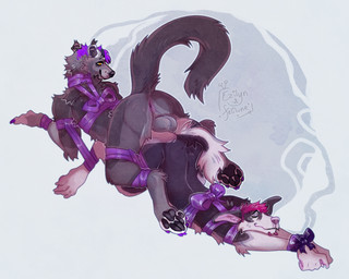 5_toes ambiguous_gender ambiguous_penetrated ambiguous_penetration anthro anus backsack balls bdsm bondage bound bound_together bow_ribbon duo ear_piercing facial_piercing feet genitals grey_body hair horn lip_piercing long_tail male male/ambiguous male_penetrating male_penetrating_ambiguous penetration piercing pink_hair purple_hair ribbon_bondage ribbons satisfied sex small_horn snakebite_piercing tail toes yellow_eyes ezilyn felilune valerie_(orionhorndog) binturong canid canine canis domestic_dog hybrid mammal pinscher viverrid hi_res