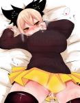 absolute_territory after_sex big_breasts black_clothing black_legwear blonde_hair blush bodily_fluids bottomwear breasts clothing cum cum_drip dripping female genital_fluids hair huge_breasts legwear not_furry skirt solo thigh_highs yellow_eyes han_(jackpot) touhou yamame_kurodani human mammal