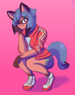 anthro clothing female looking_at_viewer one_eye_closed solo conditional_dnp nexcoyotlgt brand_new_animal studio_trigger michiru_kagemori canid canine mammal raccoon_dog tanuki 2020 absurd_res hi_res