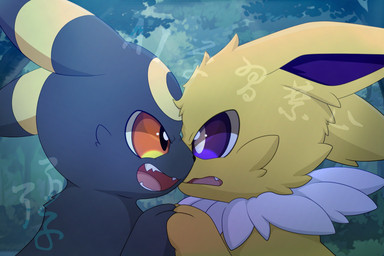 ambiguous_gender angry black_body black_fur duo face_to_face fangs feral fur kemono open_mouth teeth yellow_body yellow_fur hirochanu nintendo pokemon eeveelution generation_1_pokemon generation_2_pokemon jolteon pokemon_(species) umbreon 2026 3:2 distracting_watermark hi_res watermark