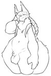 animal_genitalia anthro balls braided_hair braided_ponytail chest_tuft fully_sheathed genitals hair looking_at_viewer male navel penis ponytail sheath solo thick_thighs tuft wide_hips alwaysfaceleft mammal black_and_white hi_res monochrome sketch