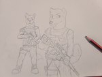 anthro assault_rifle clothing duo gun holding_object holding_weapon looking_at_another male military military_uniform ranged_weapon rifle simple_background sniper_rifle soldier svd uniform warrior weapon wolfyalex96 canid canine mammal 4:3 absurd_res graphite_(artwork) hi_res traditional_media_(artwork)