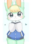 abstract_background ambiguous_gender anthro blonde_hair blush bottomless clothed clothing fluffy fur green_body hair handpaw heart_symbol jacket letterman_jacket looking_at_viewer multicolored_body multicolored_fur paws smile solo topwear two_tone_body two_tone_fur kuzuyu animal_crossing nintendo sasha_(animal_crossing) lagomorph leporid mammal rabbit hi_res male_(lore)