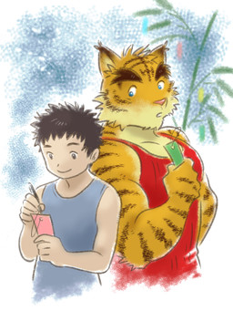 anthro big_muscles blue_eyes clothing countershading duo eyebrows fur male muscular muscular_male note pecs shirt tank_top thick_eyebrows topwear shirako morenatsu hiroyuki_nishimura torahiko_ooshima felid human mammal pantherine tiger 2014 3:4