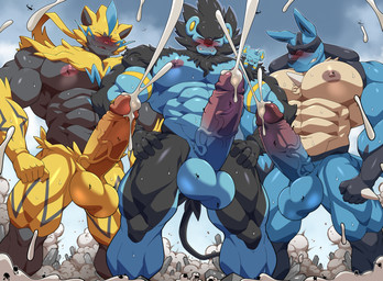 aircraft anthro balls big_muscles big_penis black_body black_fur blue_body blue_fur blush bodily_fluids city cum cum_on_ground destruction erection excessive_cum excessive_genital_fluids eyes_closed flooding fur genital_fluids genital_outline genitals group helicopter huge_muscles humanoid_genitalia humanoid_penis macro male muscular muscular_male orgasm penis spines vehicle worship yellow_body yellow_fur maldu nintendo pokemon canid canine felid generation_4_pokemon generation_7_pokemon legendary_pokemon lucario luxray mammal pokemon_(species) shinx zeraora hi_res