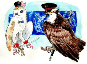 ambiguous_gender avian_feet beak bow_(feature) bow_tie brown_body brown_feathers clothing duo feathered_wings feathers feet feral hat headgear headwear melee_weapon sword talons toes top_hat weapon white_body white_feathers wings yellow_eyes sibaketsu accipitrid accipitriform avian bird osprey owl 2015 painting_(artwork) traditional_media_(artwork)