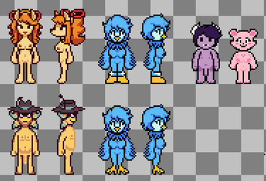 anthro asian_clothing beak big_breasts blue_body blue_feathers blue_fur blue_hair bow_ribbon breasts clothing east_asian_clothing feather_hands feathered_wings feathers feet female fur genitals group hair hat headgear headwear horn looking_at_viewer male nipples nude orange_body orange_fur orange_hair penis pink_body pink_fur purple_body purple_hair simple_background smile sprite sprite_art toes wings yellow_body yellow_skin vanight undertale undertale_(series) undertale_yellow ceroba_ketsukane dalv_(undertale_yellow) honeydew_shopkeeper honeydew_shopkeeper_(undertale_yellow) martlet_(undertale_yellow) starlo_(undertale_yellow) avian bear bird canid canine fox mammal monster vampire digital_media_(artwork) pixel_(artwork)