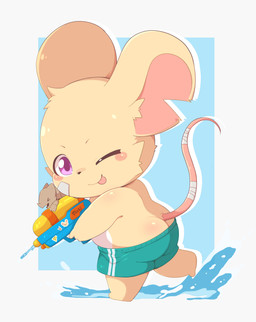 ambiguous_gender anthro biped blush bottomwear butt clothed clothed_anthro clothing male one_eye_closed shorts slightly_chubby solo toddler tongue tongue_out toy toy_gun water_gun wink young young_anthro toruu mammal mouse murid murine rodent 2026 absurd_res digital_drawing_(artwork) digital_media_(artwork) hi_res