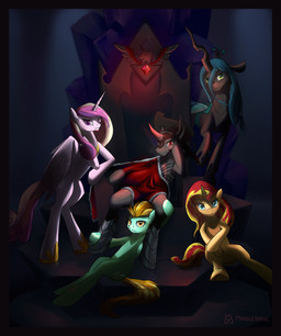 armor blue_body blue_feathers chair crown cutie_mark dark feathered_wings feathers female feral furniture grin group headgear hooves horn insect_wings inside leaning looking_at_viewer male pink_body pink_feathers pose sitting smile throne wings marbleyarns equestria_girls friendship_is_magic hasbro my_little_pony mythology king_sombra_(mlp) lightning_dust_(mlp) princess_cadance_(mlp) queen_chrysalis_(mlp) sunset_shimmer_(eg) arthropod changeling_(mlp) equid equine mammal mythological_creature mythological_equine pegasus unicorn winged_unicorn hi_res