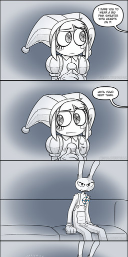 angry anthro blush clothed clothing dress female humiliation male sitting smile sweater text topwear upset absolutedream glitch_productions the_amazing_digital_circus bubble_(tadc) jax_(tadc) kinger_(tadc) pomni_(tadc) human lagomorph leporid mammal rabbit absurd_res comic english_text hi_res long_image tall_image