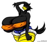 anthro beak big_breasts black_body black_feathers bottomwear breasts clothing feathers female huge_breasts hyper hyper_breasts nipple_outline non-mammal_breasts orange_eyes shorts simple_background solo text thick_thighs topwear white_background yellow_beak deonwolf busty_bird avian bird corvid corvus_(genus) crow oscine passerine 2010 digital_media_(artwork) english_text