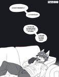 anthro black_body black_fur canid canine clothed clothing comic crumbs eating eating_food flavio_terracota food fox fully_clothed fur furniture grey_body grey_fur grey_hair hair hi_res male mammal monochrome multicolored_body multicolored_fur resting short_hair sofa solo spanish_text speech_bubble text translated usuario2_(artist) white_body white_fur