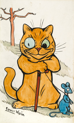 ambiguous_gender blue_body cane collar dead_tree detailed_background duo eyewear feral grass holding_cane holding_leash holding_object leaning_on_object leash leashed_collar monocle orange_body paws plant predator/prey semi-anthro size_difference smile smirk smug standing tail tree whiskers louis_wain public_domain domestic_cat felid feline felis mammal mouse murid murine rodent ancient_art hi_res painting_(artwork) signature traditional_media_(artwork) traditional_painting_(artwork) traditional_watercolor_(artwork) watercolor_(artwork)