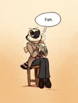 anthro boots bottomwear chair chibi clothing coat female fish_meat food footwear furniture meat pants parody scarf shoes sitting solo text thought_bubble topwear trenchcoat fish_birb lizzy_(fish_birb) accipitriform avian bird fish marine osprey 3:4 comic_sans hi_res