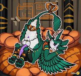 3_fingers 4_ears 4_toes accessory animal_genitalia animal_penis anthro anus balls barefoot bed big_penis black_claws black_eyes black_pawpads black_toe_claws bodily_fluids butt claws clothing detailed_background dripping ear_piercing ear_ring feathered_wings feathers feet finger_claws fingers furniture genital_fluids genitals gift green_body green_feathers green_fingers legwear looking_at_viewer looking_back looking_back_at_viewer male mismatched_animal_penis mismatched_genitalia mismatched_penis multi_ear multicolored_body nude on_bed pawpads paws penis piercing pillow precum precum_drip presenting presenting_anus presenting_balls ring_piercing smile solo stockings tail tail_aside tapering_penis toe_claws toes tuft white_body white_feathers winged_arms wings y_anus avisheart avali avian hi_res