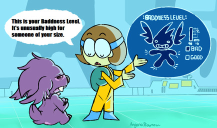 4_fingers alternate_species ambiguous_gender annoyed anthro backpack brown_claws brown_eyes brown_hair claws clothed clothing collar crossed_arms dialogue duo ears_back electronics eyes_closed eyewear fangs fingers fur goggles hair jumpsuit laboratory monitor narrowed_eyes pivoted_ears purple_body purple_fur sitting speech_bubble spiked_collar spikes squint standing teeth text angoraram asian_mythology cartoon_network disney east_asian_mythology japanese_mythology lilo_and_stitch mythology ok_k.o.!_let's_be_heroes dendy_(ok_k.o.!_lbh) turbo_k.o. alien experiment_(lilo_and_stitch) kappa yokai 2018 crossover digital_drawing_(artwork) digital_media_(artwork) english_text signature