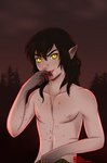 black_hair blood bodily_fluids hair humanoid_pointy_ears licking_blood male not_furry pointy_ears solo yellow_eyes rukifox demon humanoid vampire hi_res