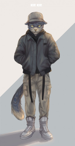 anthro bottomwear clothing footwear hand_in_pocket hat headgear headwear jacket male pants pockets shoes simple_background solo tail topwear kirkir felid leopard mammal pantherine 2019 digital_drawing_(artwork) digital_media_(artwork) hi_res signature