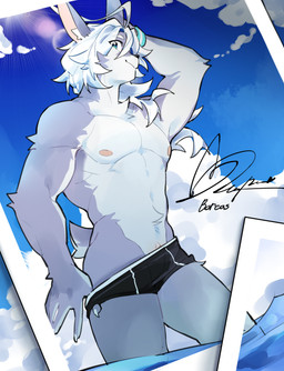 andromorph andromorph_anthro anthro biped blue_eyes clitoral_hood clothing fur genitals hair intersex intersex_anthro solo swimming_trunks swimwear text tugging_clothing vulva white_body white_fur white_hair shoko_contane boreas_(shoko_contane) bat mammal hi_res