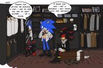 ambiguous_gender anthro clock clothed clothing dialogue dresser dressing footwear fur furniture gloves group handwear male mirror open_clothing open_shirt open_topwear shirt shoes sitting socks standing suit text topwear trio tying_shoes arrowmarrow sega sonic_the_hedgehog_(series) shadow_chao shadow_the_hedgehog sonic_the_hedgehog chao_(sonic) character_chao eulipotyphlan hedgehog mammal english_text