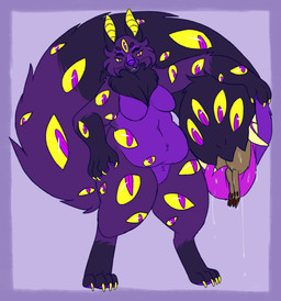 ambiguous_feral ambiguous_gender anthro bodily_fluids breasts chest_tuft claws cloven_hooves digitigrade dripping eyes_everywhere fangs featureless_crotch female female_anthro feral hand_on_hip hand_on_own_hip hooves living_tail multi_eye pawpads purple_background purple_body purple_eyes purple_tongue saliva saliva_drip simple_background standing tail tail_fetish tail_play tail_vore teeth thick_thighs toe_claws tongue tuft unusual_anatomy unusual_tail unusual_vore vore whiskers yellow_body yellow_inner_ear yellow_sclera hellhoundfangs mildred_(hellhoundfangs) canid canine fox mammal 2016 hi_res