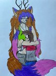 animal_ears anthro antlers between_breasts big_breasts bottomwear bracelet breasts canon_couple clothing colored_nails crop_top duo eyes_closed eyewear female fluffy fluffy_tail freckled_face freckles glasses hair head_on_breast horn hug inner_ear_fluff jewelry larger_female long_hair male male/female multicolored_clothing multicolored_shirt multicolored_topwear nails necklace ochre_hair pants pink_hair purple_hair romantic romantic_couple shirt simple_background size_difference smaller_male smile sweatpants tail tail_hug topwear tuft dylanaildon_no_2 tirisk_(dylanaildon_no_2) toby_(dylanaildon_no_2) forest_spirit human humanoid mammal hi_res traditional_media_(artwork) adult_(lore)