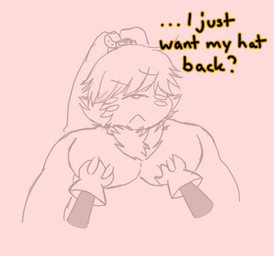 annoyed anthro baseball_cap belt clothing duo gloves groping_chest hair hair_over_eyes handwear hat headgear headwear kerchief male male/male neckerchief neckwear pecs ponytail_ears shortstack shortstack_male text lxzylux bandai_namco digimon angoramon digimon_(species) impmon english_text hi_res